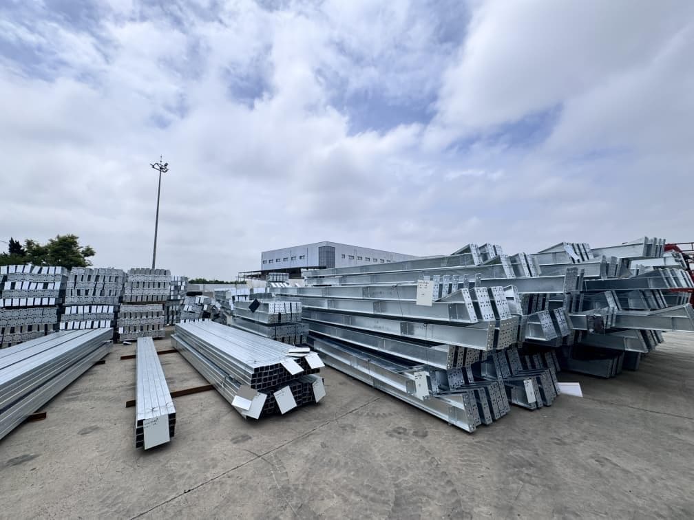 Wide view of a galvanized steel structural products stockyard