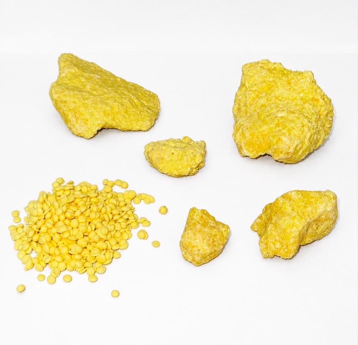 Close-up of high-quality granular sulphur rocks and pellets